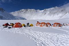 
The Tents At Mount Vinson Base Camp On The Branscomb Glacier With Branscomb Peak, Mount Vinson, Silverstein Peak, Pr�ncipe de Asturias Peak Above
